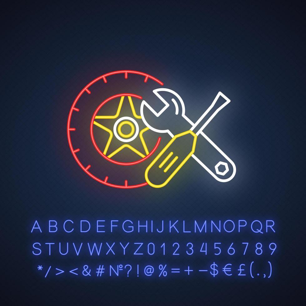 Auto parts neon light icon. Repair service maintenance concept. E commerce department, online shopping categories. Glowing sign with alphabet, numbers and symbols. Vector isolated illustration