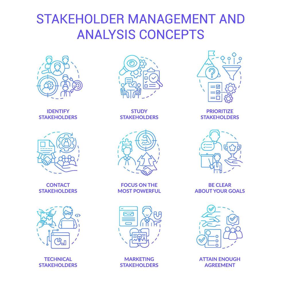 Stakeholder management and analysis blue gradient concept icons set. Identify interests idea thin line color illustrations. Isolated symbols. vector