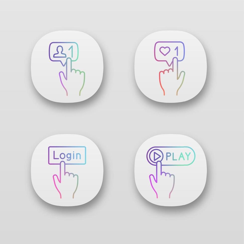 Click app icons set. New follower, likes counter, login, play. UI UX user interface. Web or mobile applications. Vector isolated illustrations