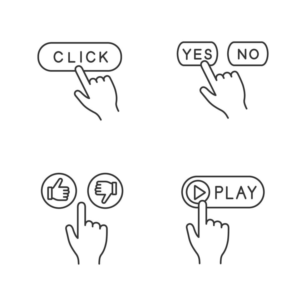 App buttons linear icons set. Click. Yes and no, play, like and dislike. Thin line contour symbols. Isolated vector outline illustrations. Editable stroke