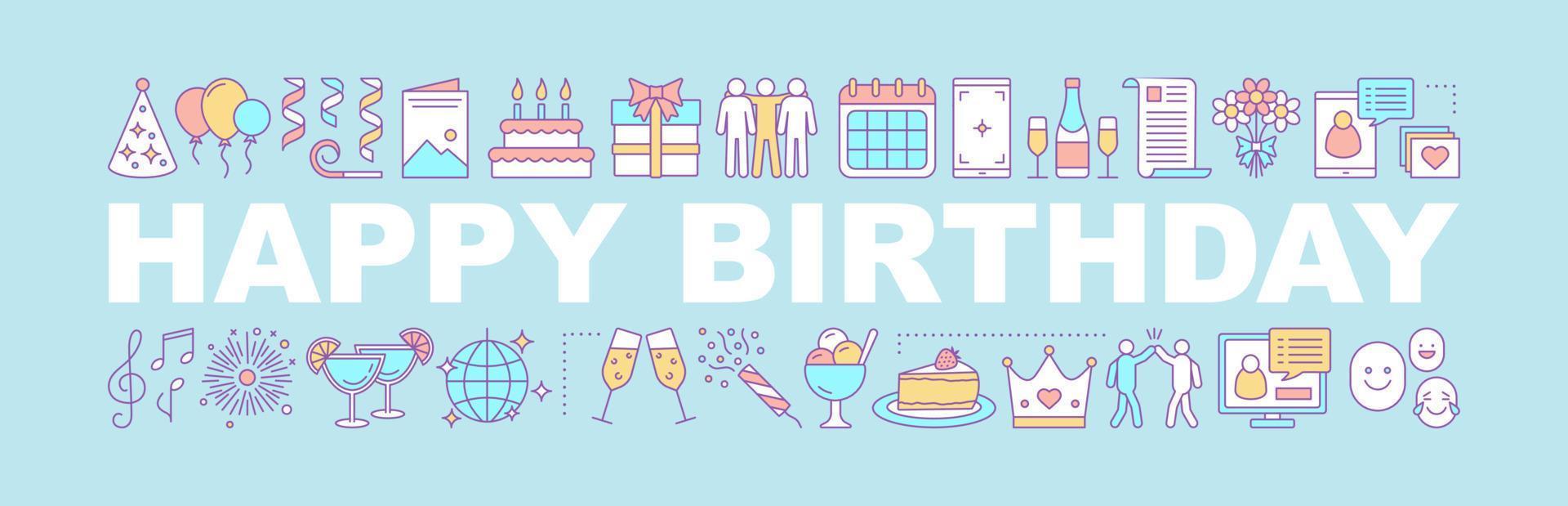 Birthday party word concepts banner. Greeting. Holiday celebration. Isolated lettering typography idea with linear icons. Festive. Vector outline illustration