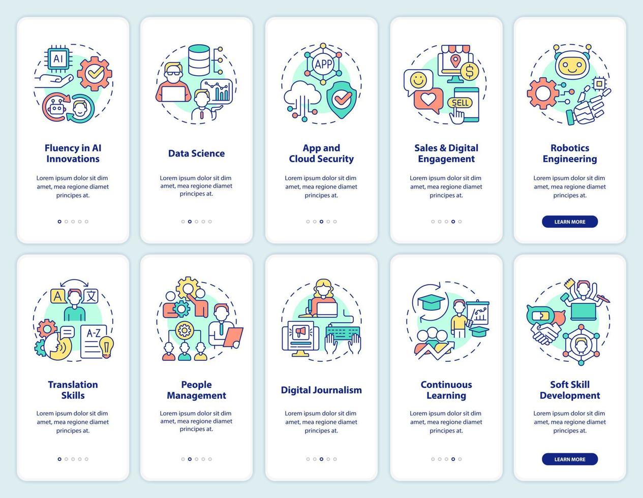 Habilidades digitales y desarrollo profesional incorporando el conjunto de pantallas de aplicaciones móviles. tutorial 5 pasos páginas de instrucciones gráficas con conceptos lineales. interfaz de usuario, ux, plantilla de interfaz gráfica de usuario. vector