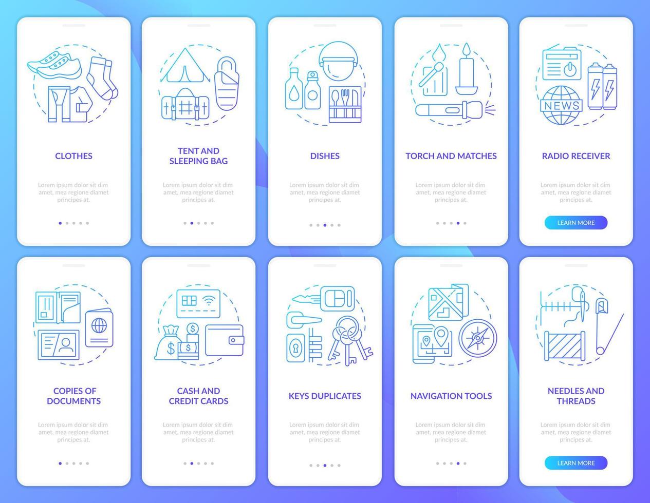 Pack emergency go bag blue gradient onboarding mobile app screen set. Walkthrough 5 steps graphic instructions pages with linear concepts. UI, UX, GUI template. vector