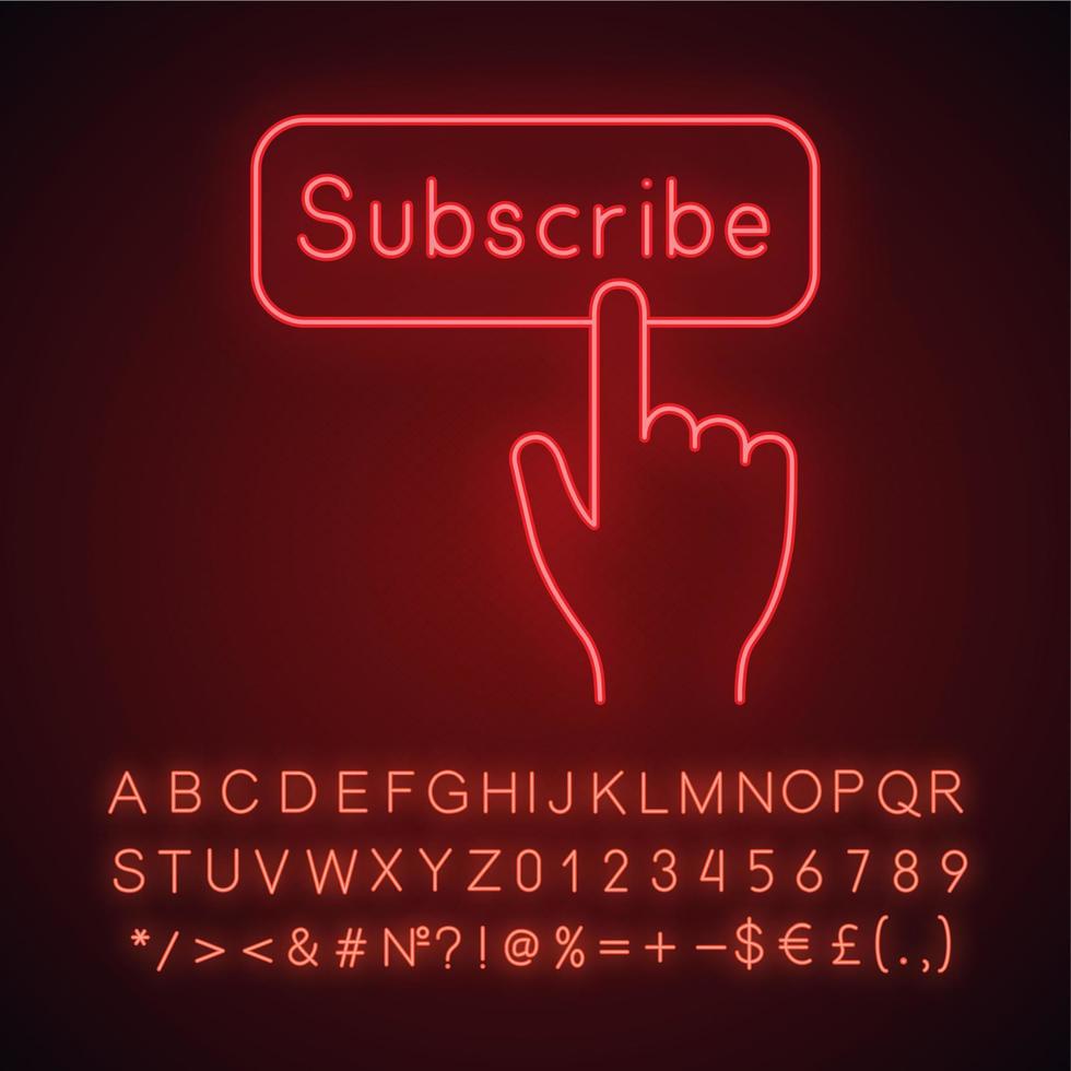 Subscribe button click neon light icon. Subscription. Social media app. Hand pressing button. Glowing sign with alphabet, numbers and symbols. Vector isolated illustration