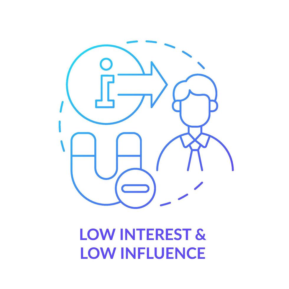 Low interest and low influence blue gradient concept icon. Visual analysis. Stakeholder mapping abstract idea thin line illustration. Isolated outline drawing. vector