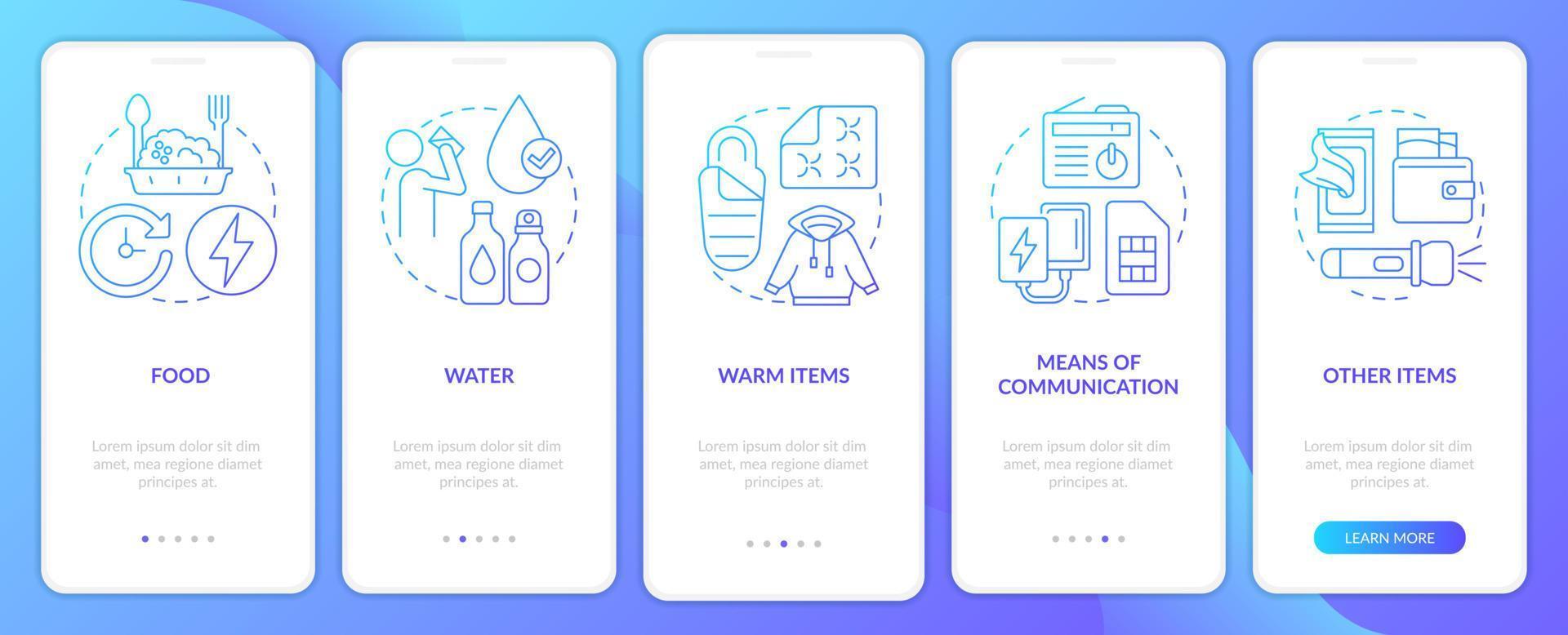 Supplies to survive blue gradient onboarding mobile app screen. War walkthrough 5 steps graphic instructions pages with linear concepts. UI, UX, GUI template. vector