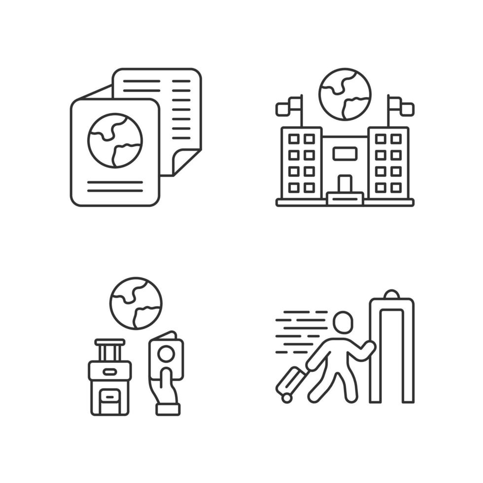 Immigration linear icons set. Embassy and consulate building. Travel documents, security check. Travelling abroad. Thin line contour symbols. Isolated vector outline illustrations. Editable stroke