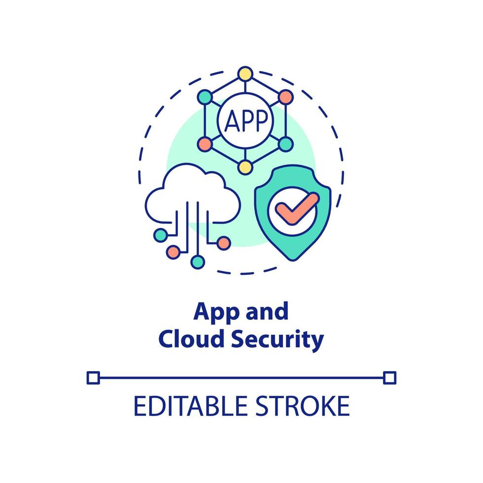 App and cloud security concept icon. Tech skill in demand abstract idea thin line illustration. Cloud-based software. Isolated outline drawing. Editable stroke. vector