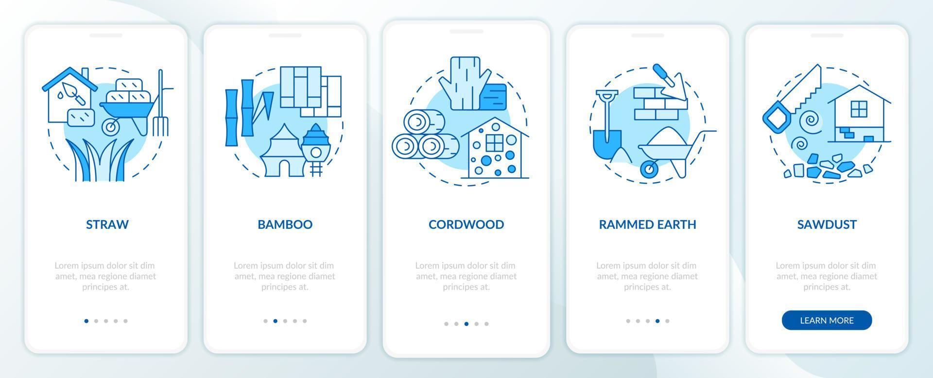 Alternative building materials blue onboarding mobile app screen. Walkthrough 5 steps graphic instructions pages with linear concepts. UI, UX, GUI template. vector