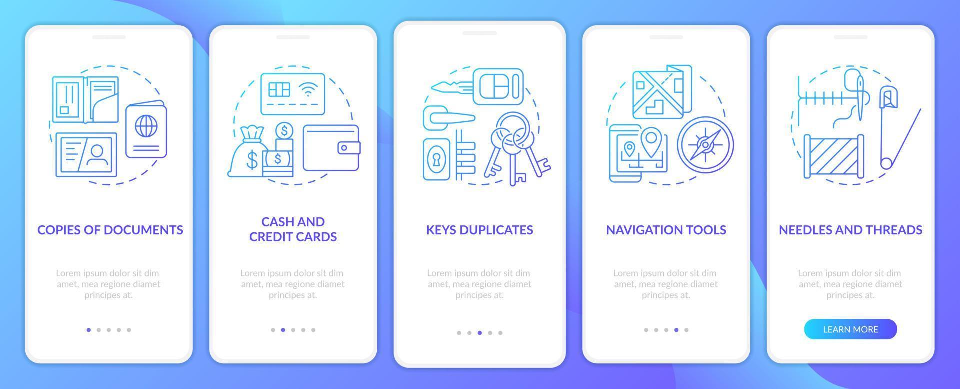 Essential things to pack blue gradient onboarding mobile app screen. Walkthrough 5 steps graphic instructions pages with linear concepts. UI, UX, GUI template. vector