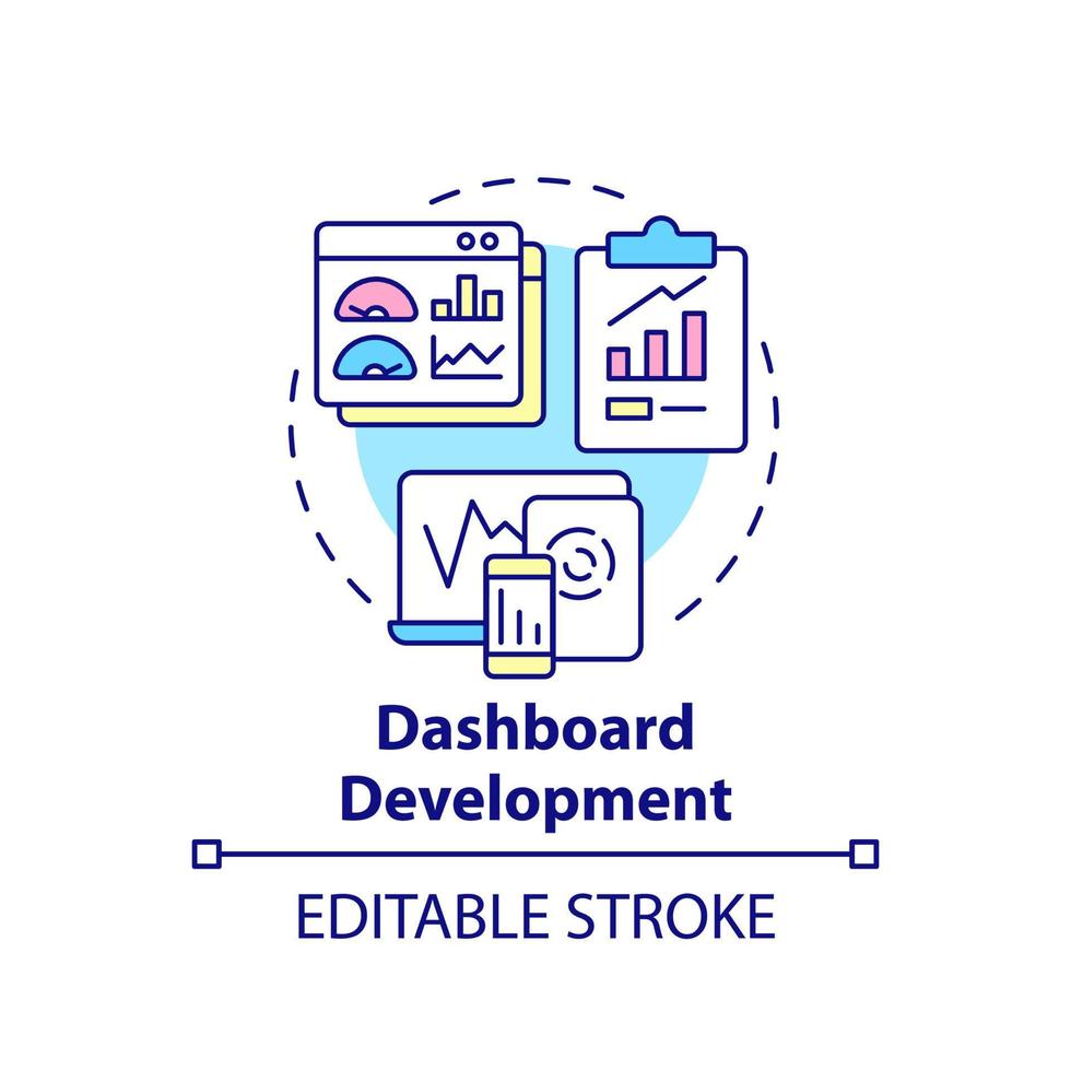 Dashboard development concept icon. Business intelligence example abstract idea thin line illustration. Analysis tool. Isolated outline drawing. Editable stroke. vector