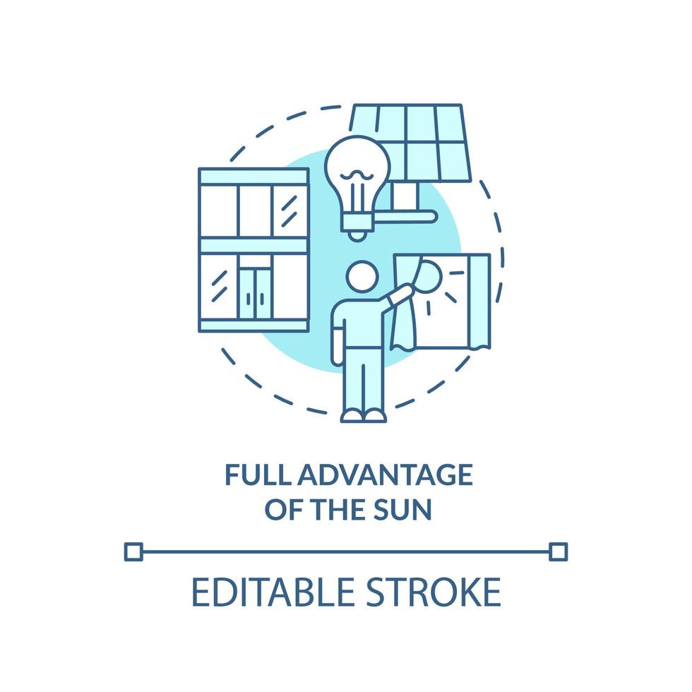 Full advantage of sun turquoise concept icon. Sustainable architecture principle abstract idea thin line illustration. Isolated outline drawing. Editable stroke. vector