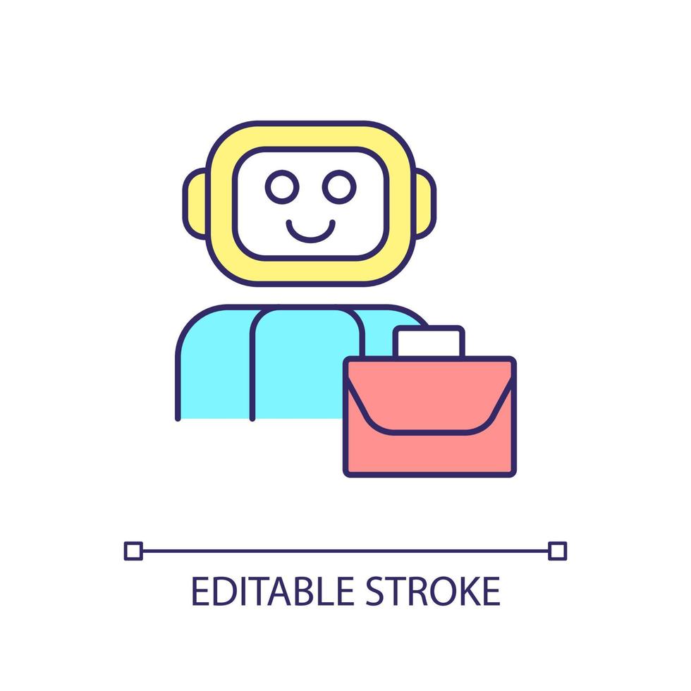 Robot worker RGB color icon. Replacing human employment. Handling repetitive and boring tasks. Isolated vector illustration. Simple filled line drawing. Editable stroke.