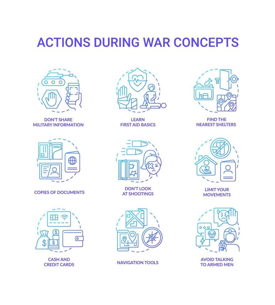 Action during war blue gradient concept icons set. Tips to help civilians idea thin line color illustrations. Isolated symbols. Editable stroke. vector