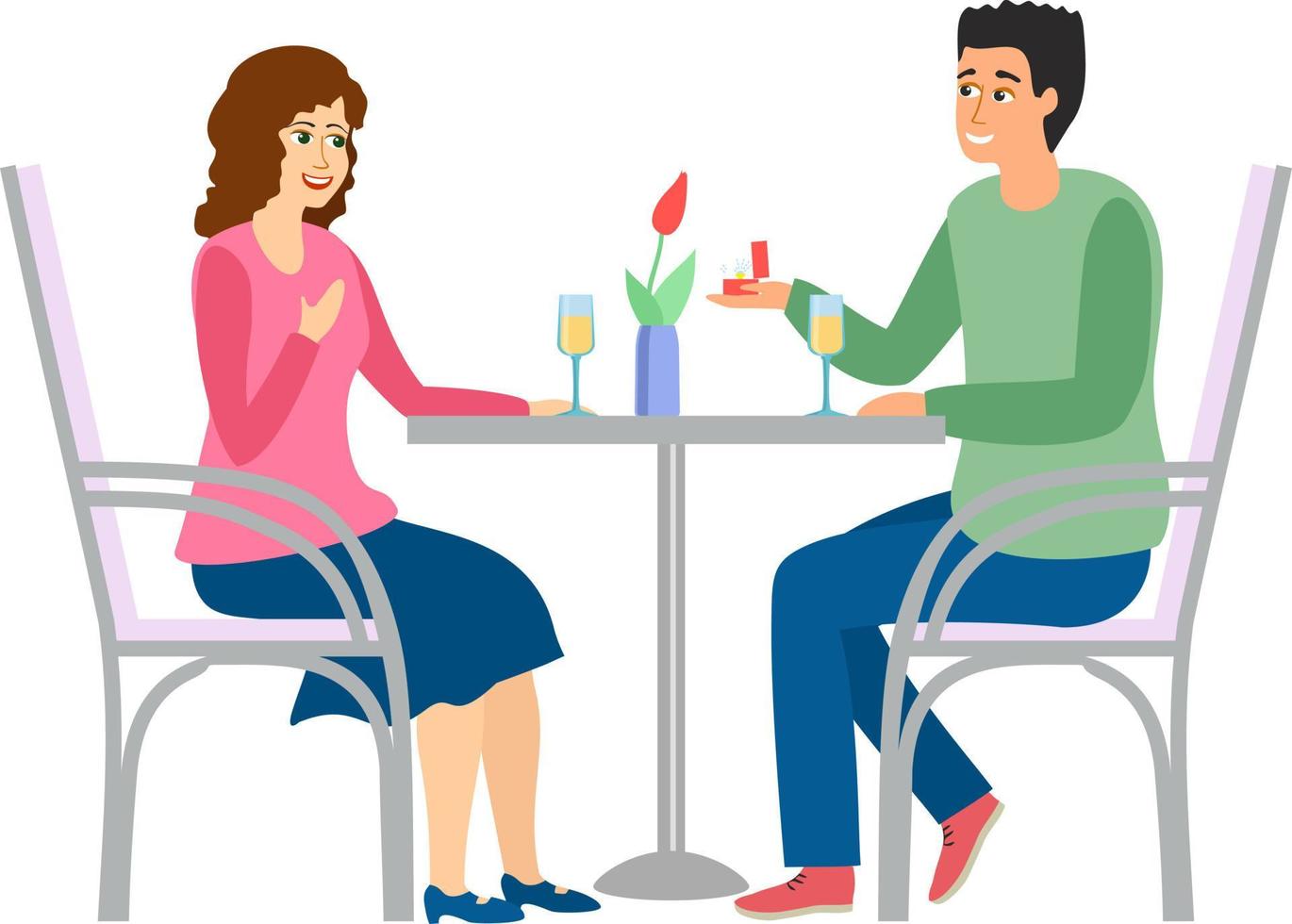 cita romántica. hombre y mujer en la cena de mesa de café. ilustración vectorial noche de citas en restaurante. matrimonio propuesta compromiso celebración pareja vector