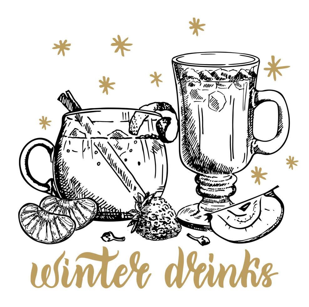 Hand drawn warming beverages. Hot drinks Bar menu vector