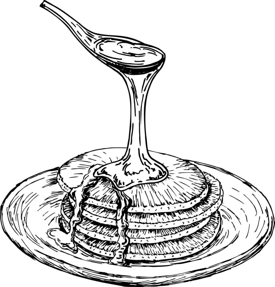 Pancakes on the plate sketch, breakfast.Vintage hand drawn drawing style. vector