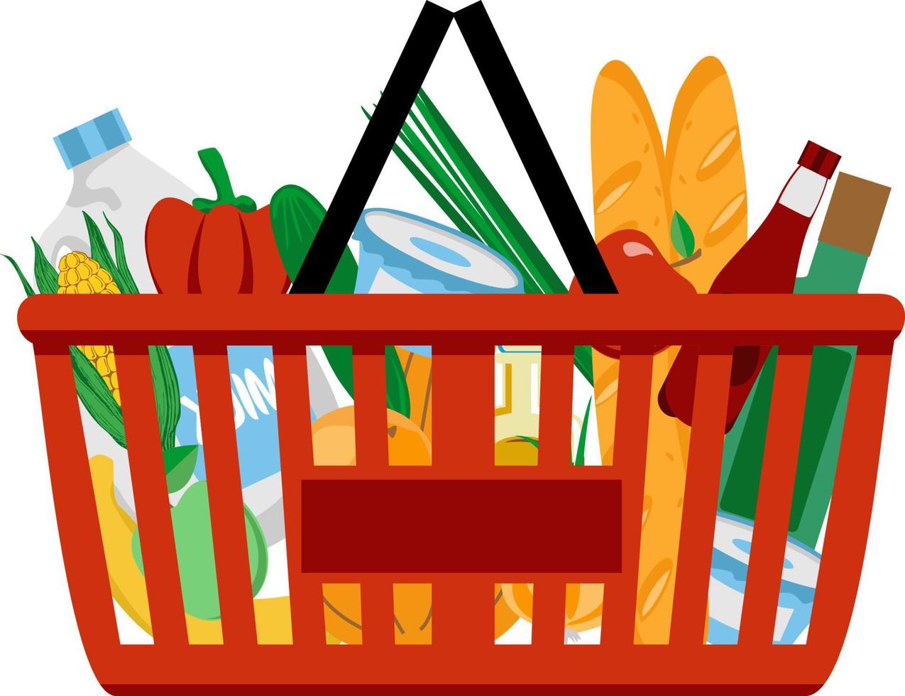 Red plastic shopping basket full of groceries products. Shopping at the supermarket. Grocery store. vector illustration in flat style