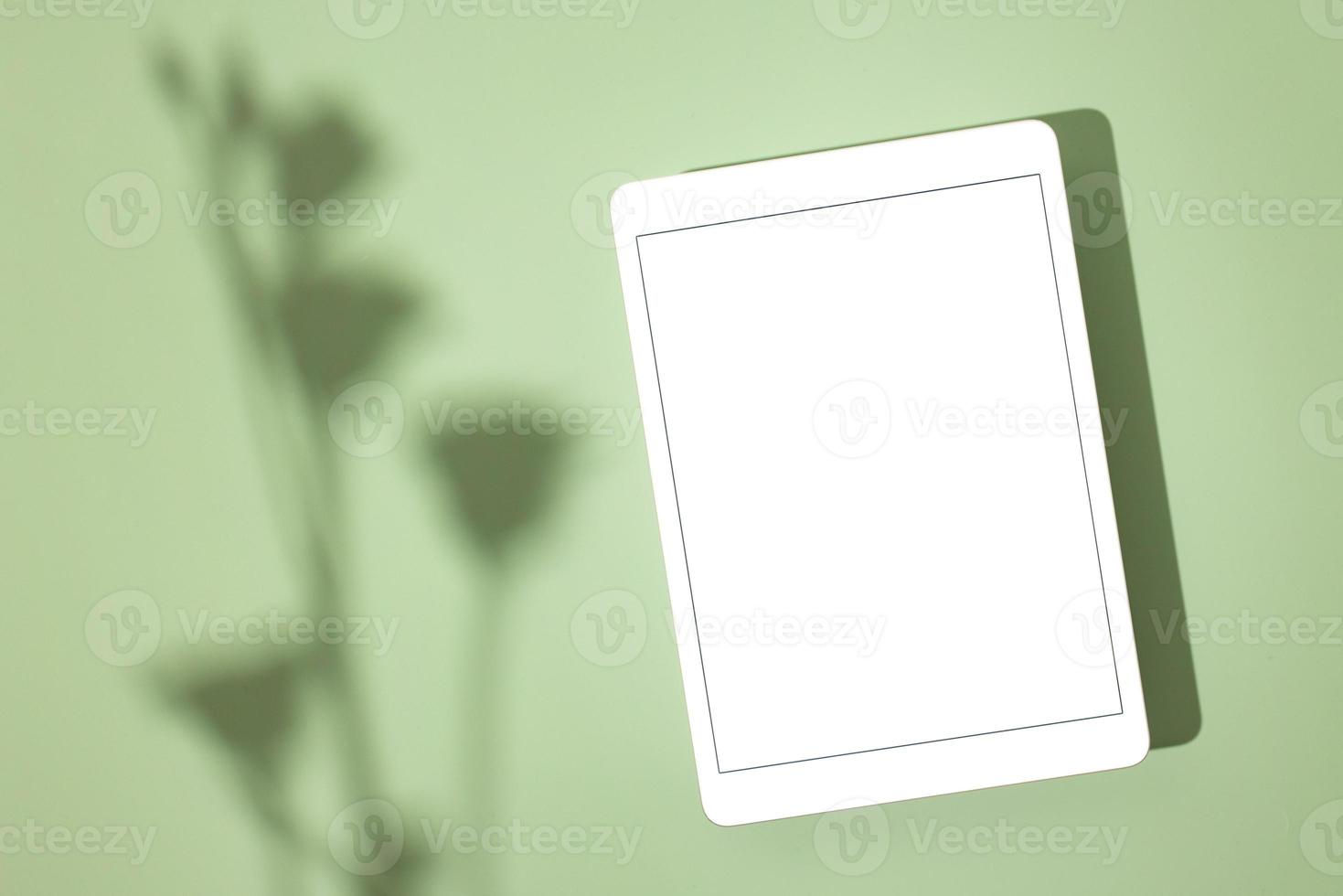 Blank screen tablet mock up and shadow on green pastel background. Copy space. Mock up template. Business communication. Isolated object. Spring decoration. photo