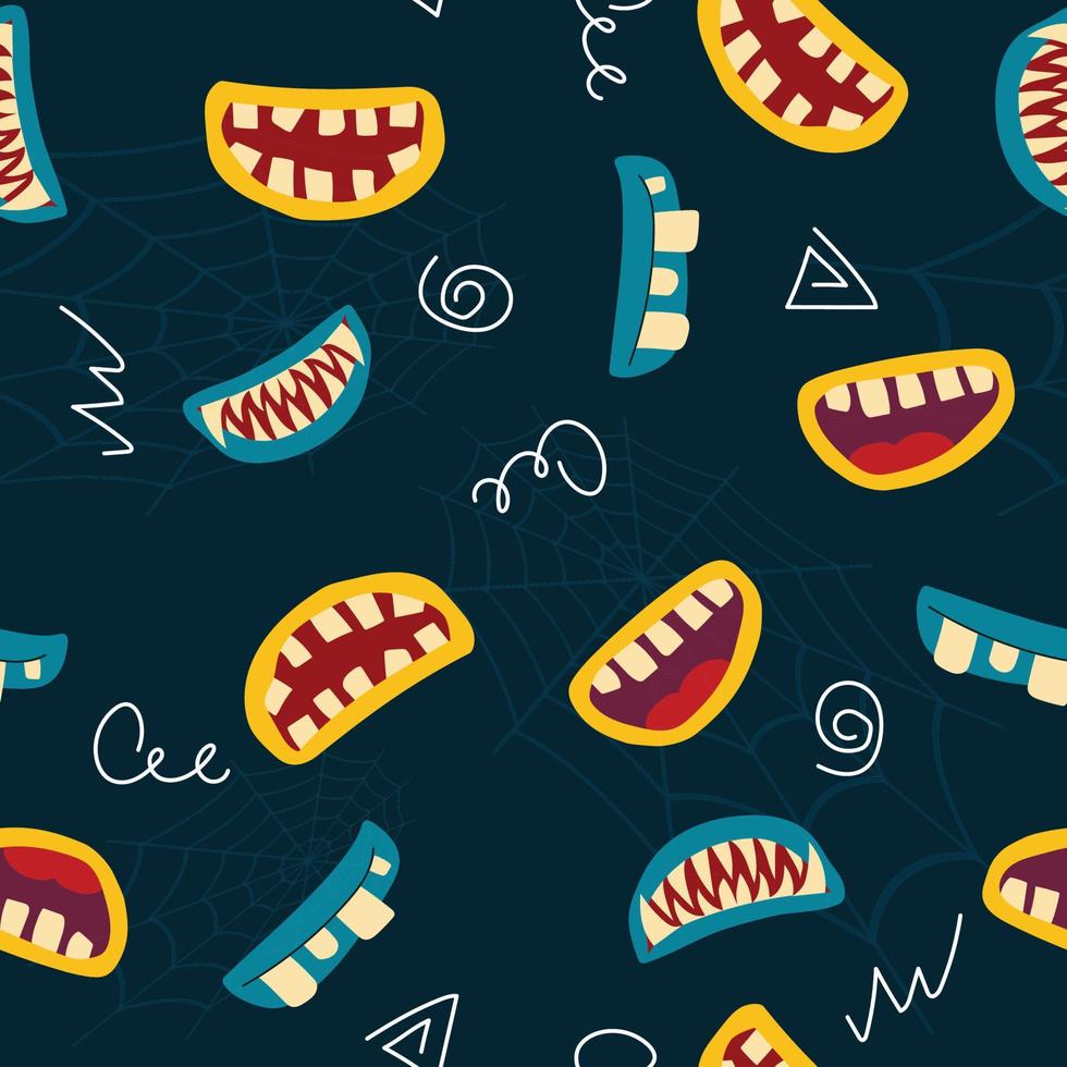 Pattern for Halloween with scary monster's mouth on dark background. Vector illustration