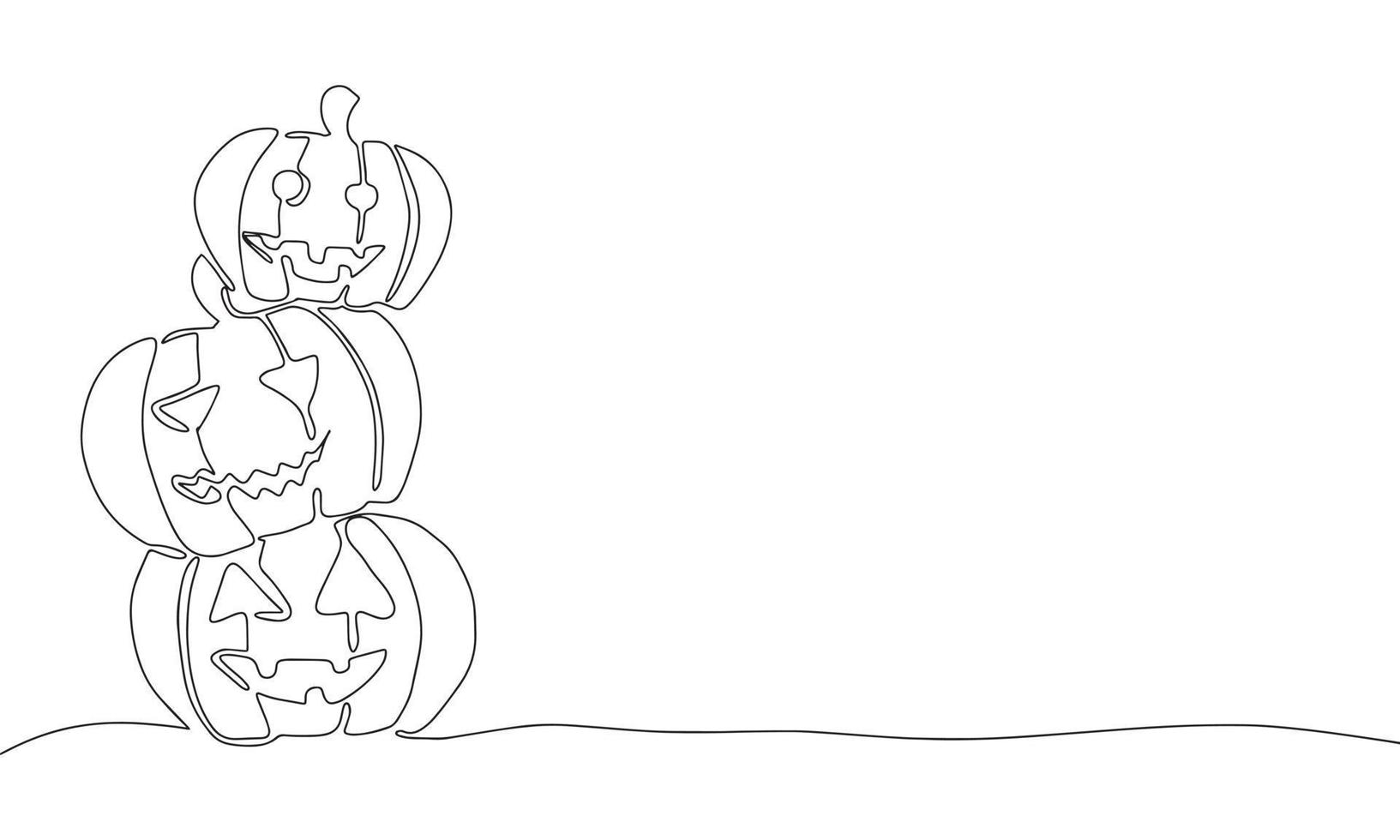 Stack of pumpkins for Halloween. Three pumpkin with face. Black white hand draw vector illustration. Outline line art one line