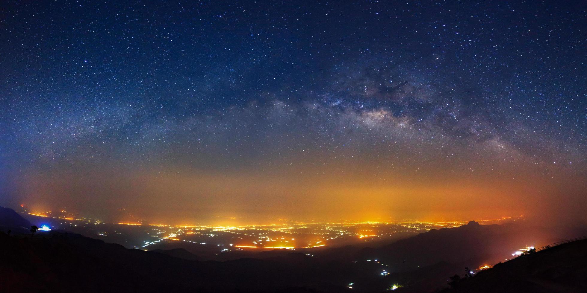 Panorama Milky way galaxy bridge as seen from phutabberk in thailand on a clear summer night. photo