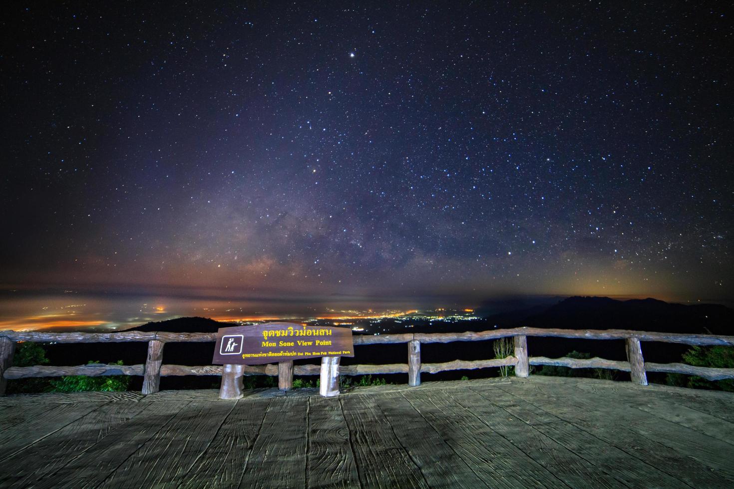 Starry night sky at Monson viewpoint Doi AngKhang and milky way galaxy with stars and space dust in the universe photo