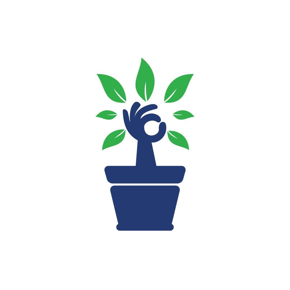 Ecological garden vector logo design. Hand tree with flower pot icon design.