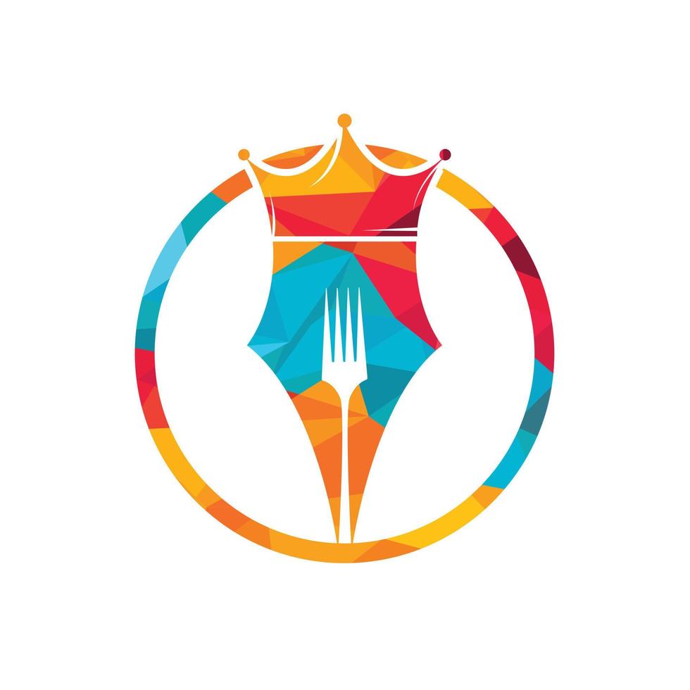 concepto de diseño del logo de comida y restaurantes. pluma con diseño de icono de vector de corona y tenedor.