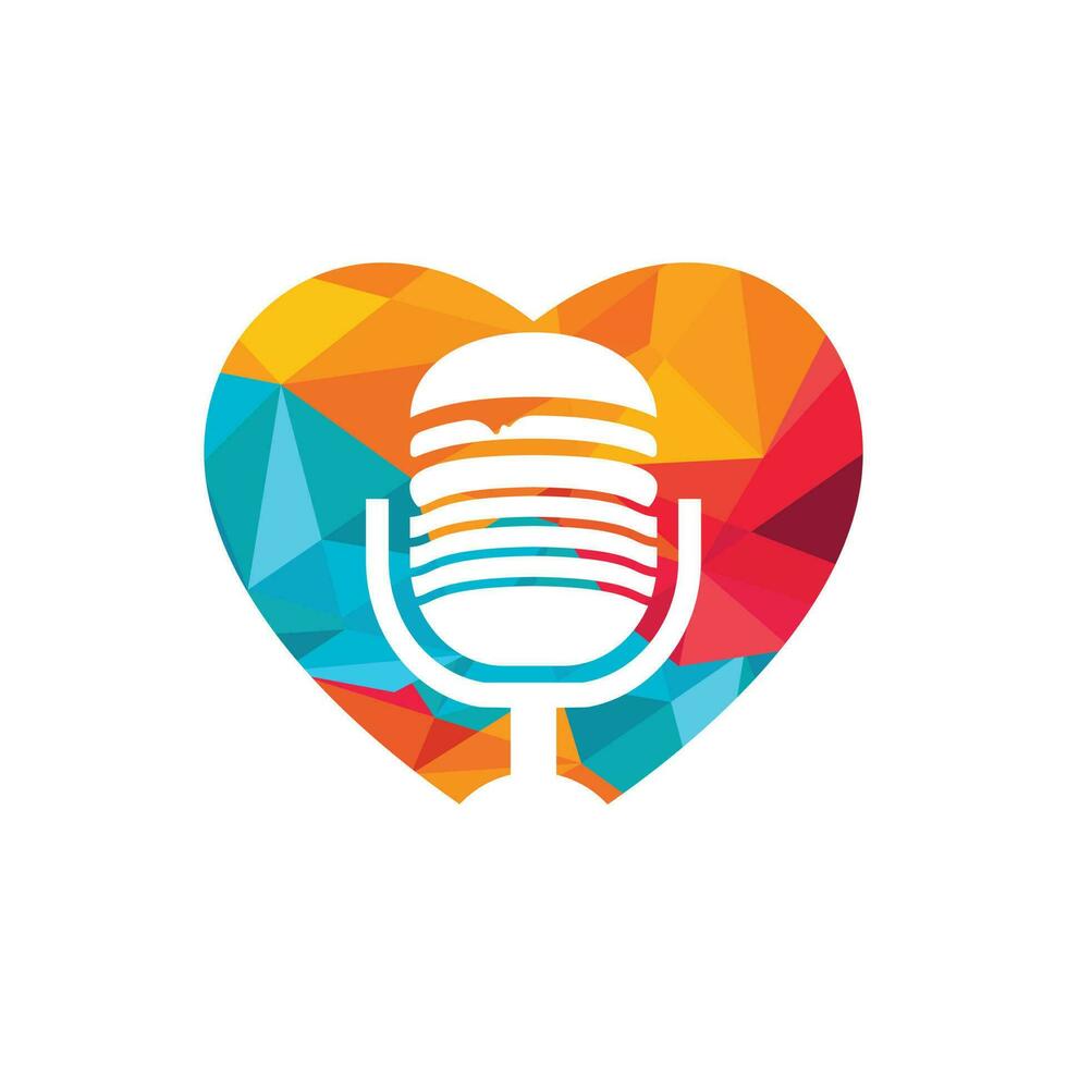 diseño de logotipo vectorial de podcast de alimentos. hamburguesa y micrófono con diseño de icono en forma de corazón. vector