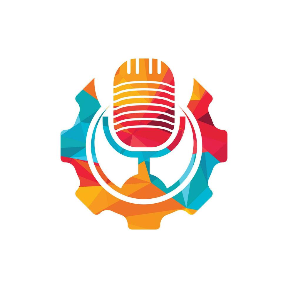 Gear podcast vector logo design template. Cog wheel and mic icon design.
