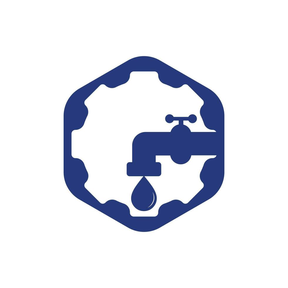 plantilla de negocio de diseño de vector de símbolo de plomería. grifo de agua con ilustración de icono de vector de símbolo de logotipo de servicio de engranajes.