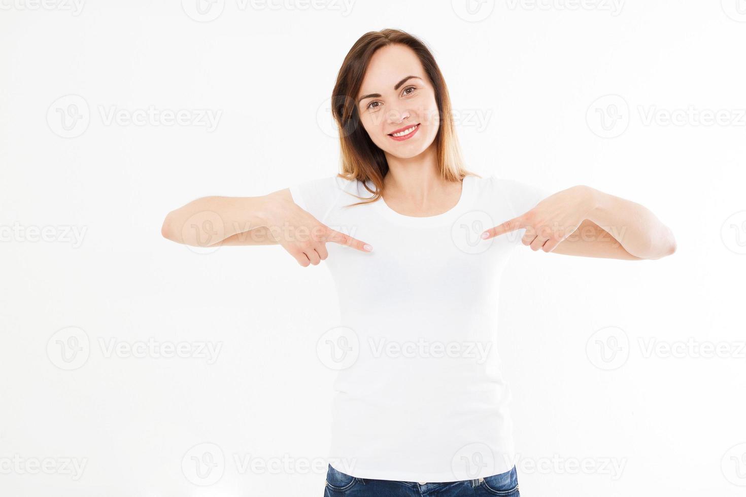 T-shirt design, people concept - closeup of young woman in white shirt, front isolated. Mock up template for design print. Copy space photo