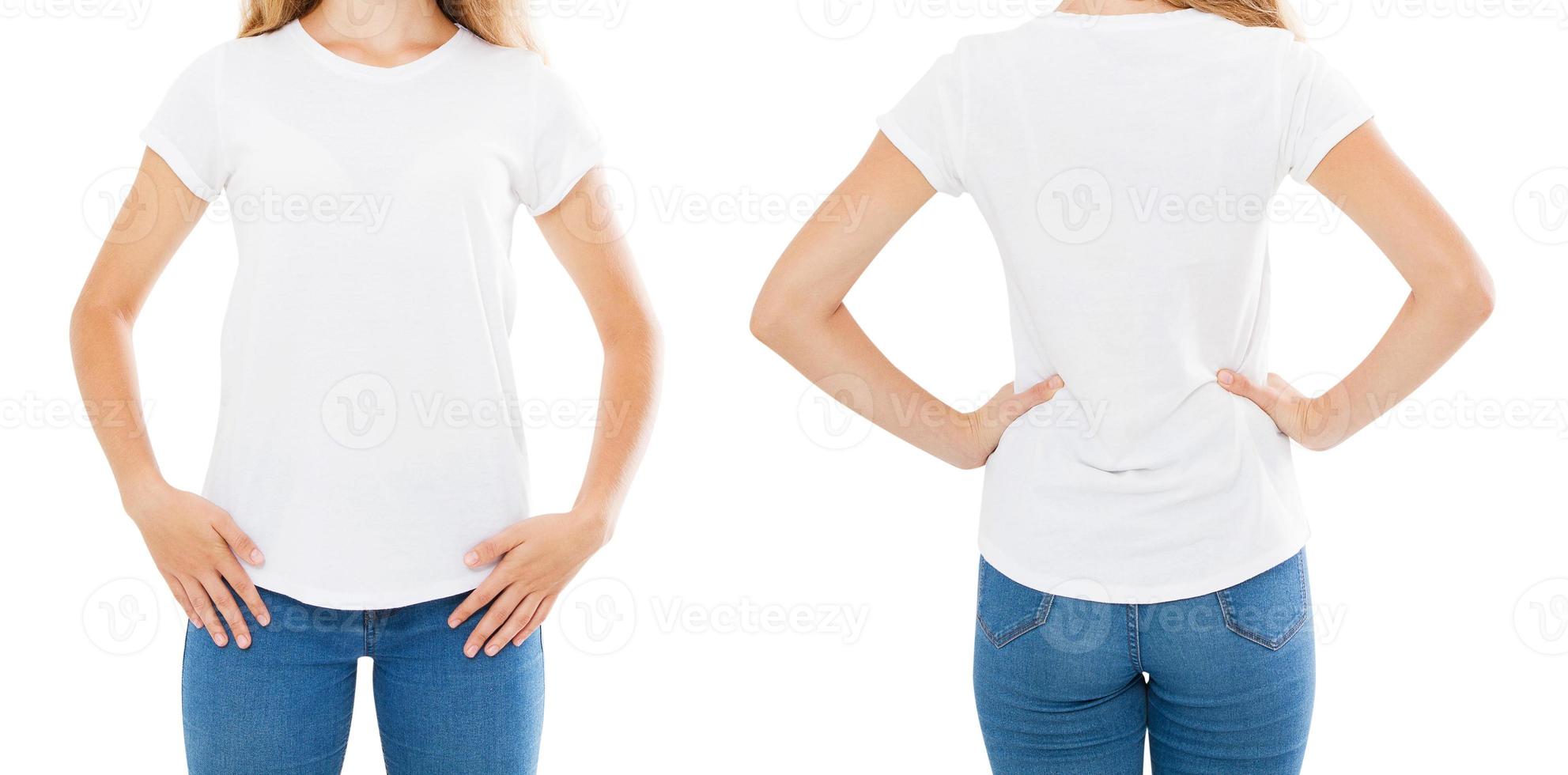 front back views woman t-shirt,white tshirt set isolated,mock up photo