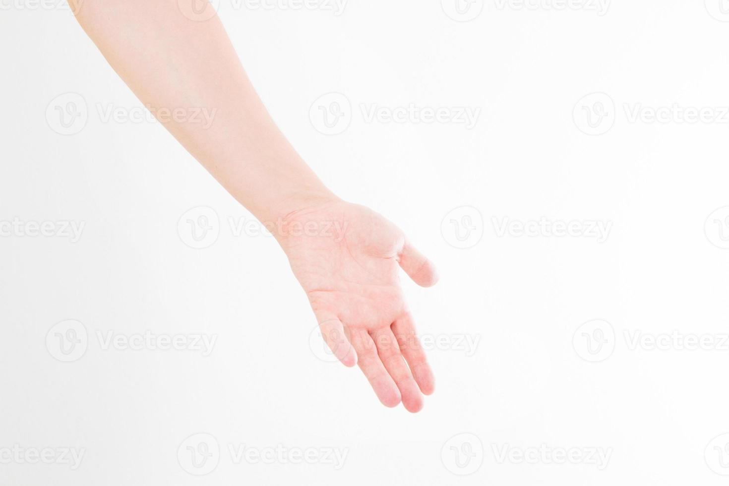 Open man hand, palm up isolated on white background. Front view. Mock up. Copy space. Template. Blank. photo