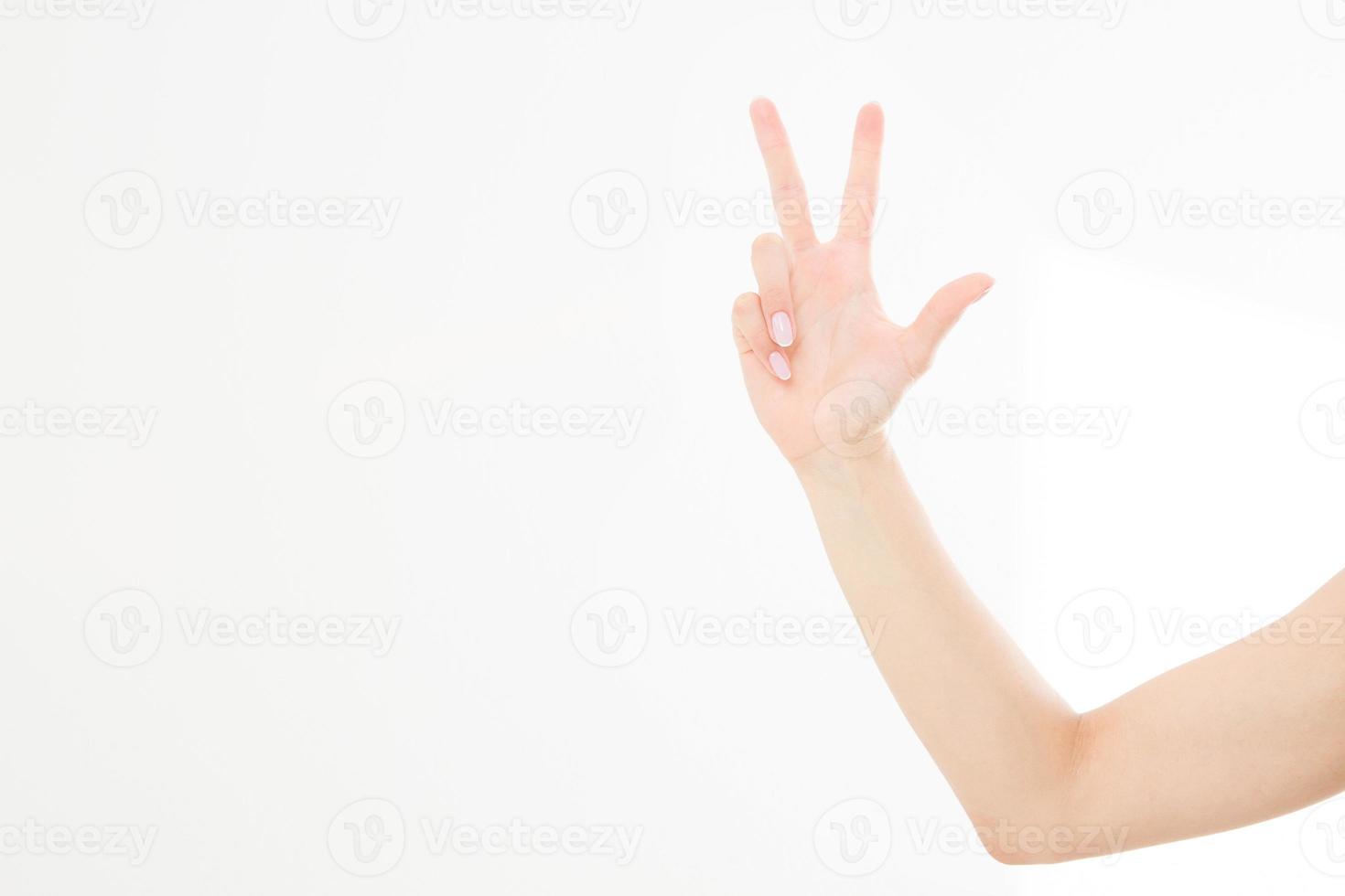 hand showing the sign of victory or peace closeup isolated on white background.Front view. Mock up. Copy space. Template. Blank. photo