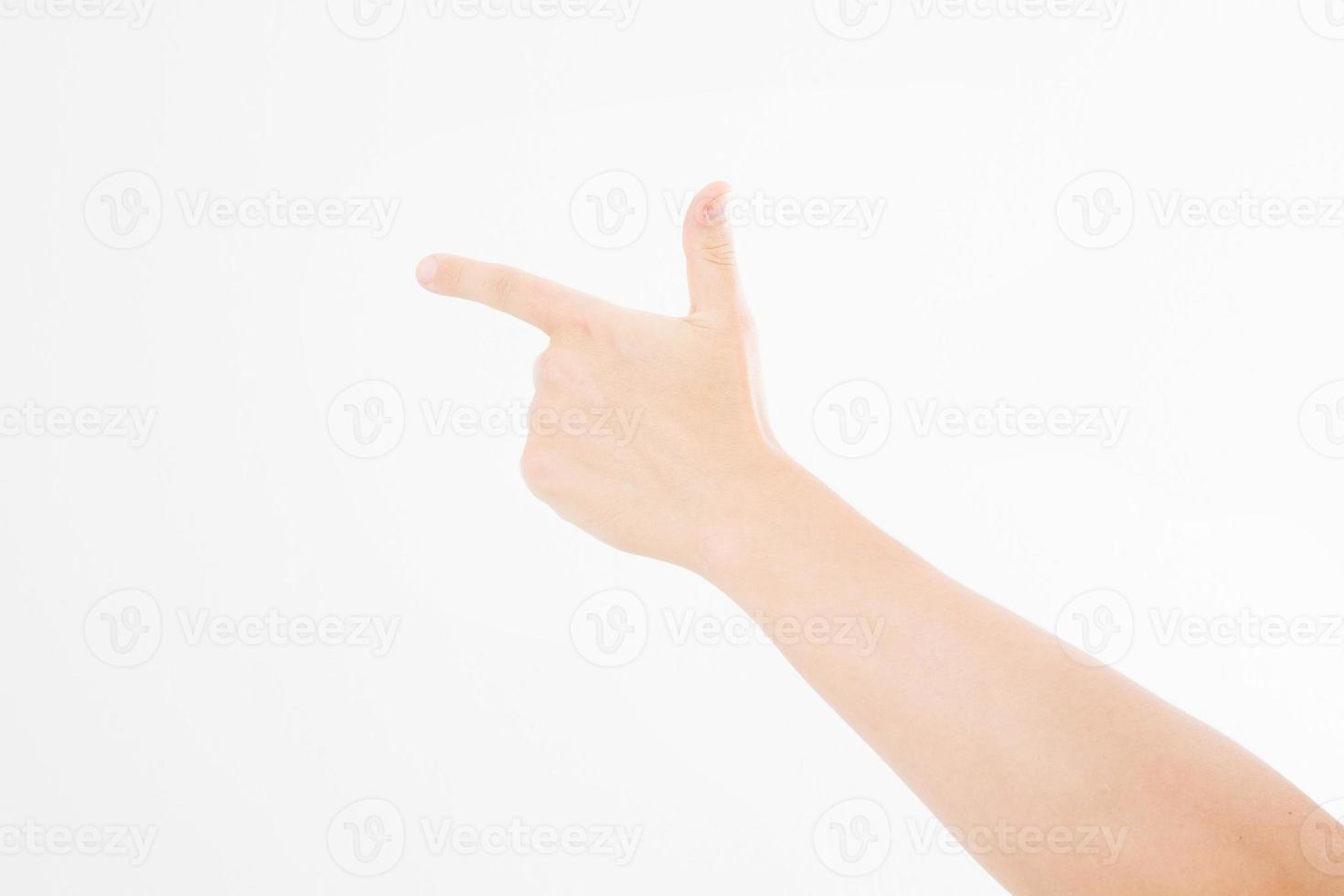 Closeup male hand pointing. Isolated on white background. caucasian hand. Mock up. Copy space. Template. Blank. photo