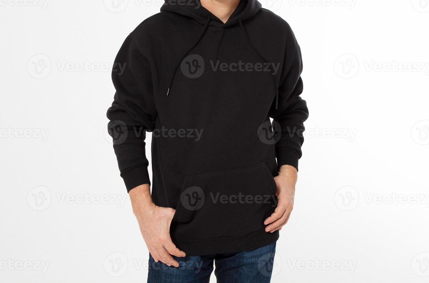 Man posing in black sweatshirt, black hoodies front isolated, mock up cropped image photo