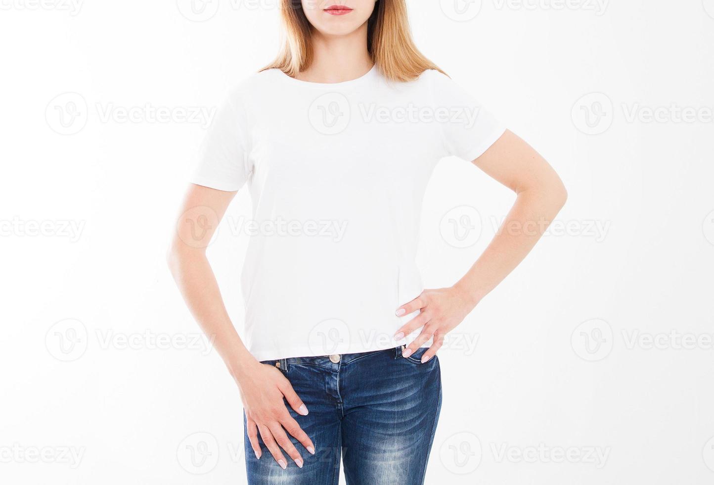 cropped portrait of young girl in tshirt. T-shirt design, people concept - closeup of woman in white shirt, front isolated. Mock up template for design print. Copy space photo