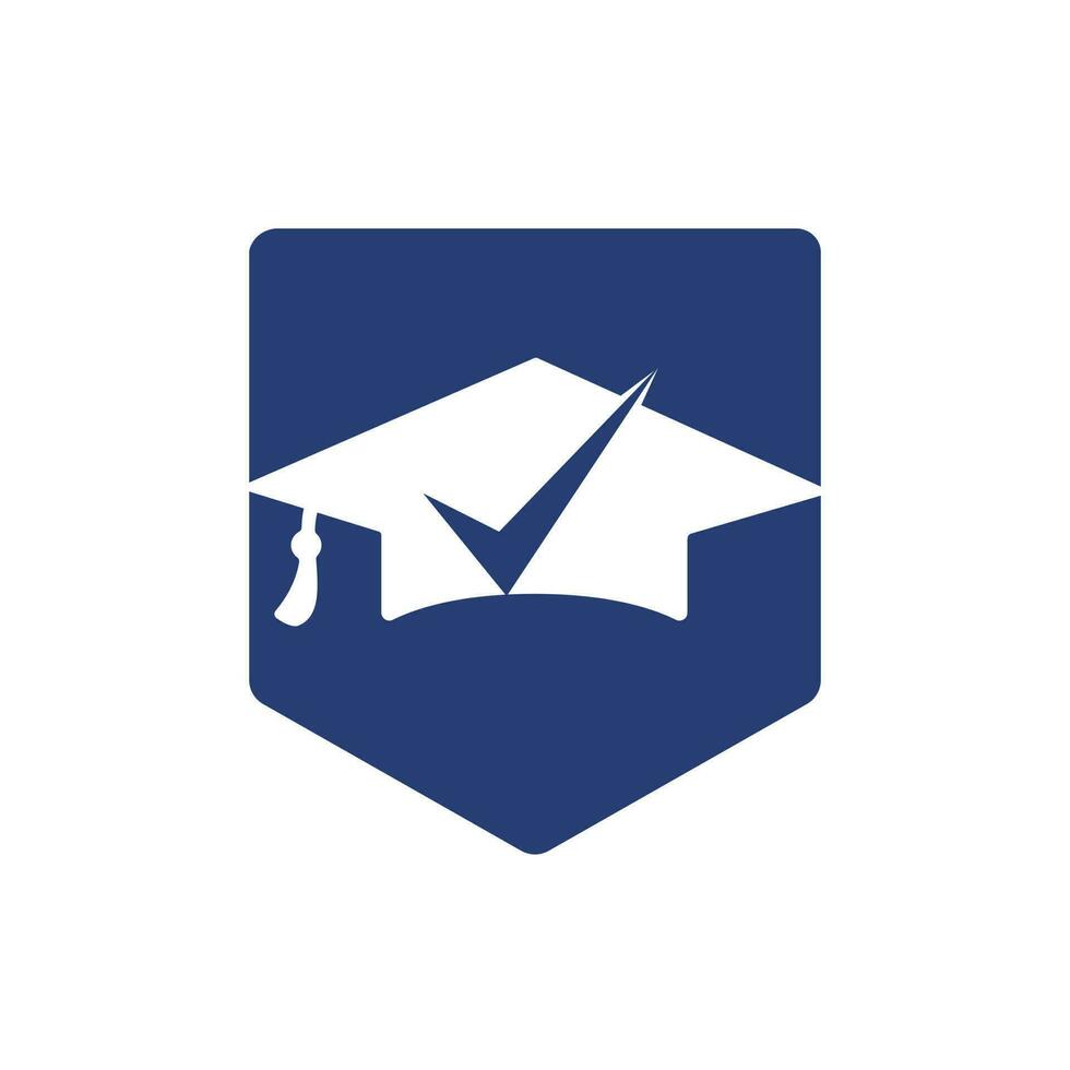 Graduation hat and check mark icon and logo design. Educational and institutional vector logo design template.