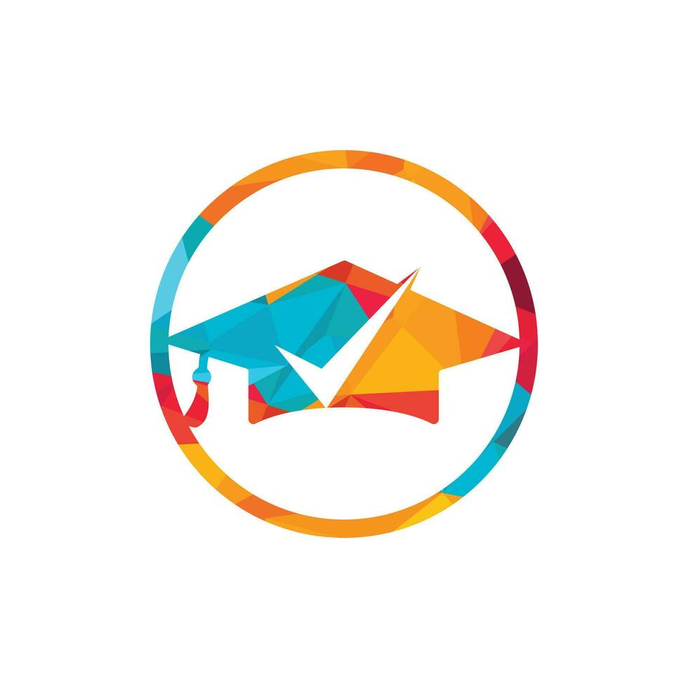 Graduation hat and check mark icon and logo design. Educational and institutional vector logo design template.
