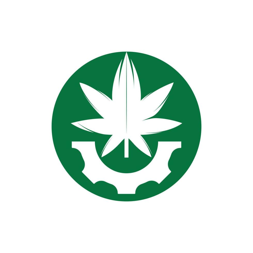 diseño del logotipo del vector de engranajes y cannabis. concepto de logotipo de la empresa de la industria del cannabidiol.