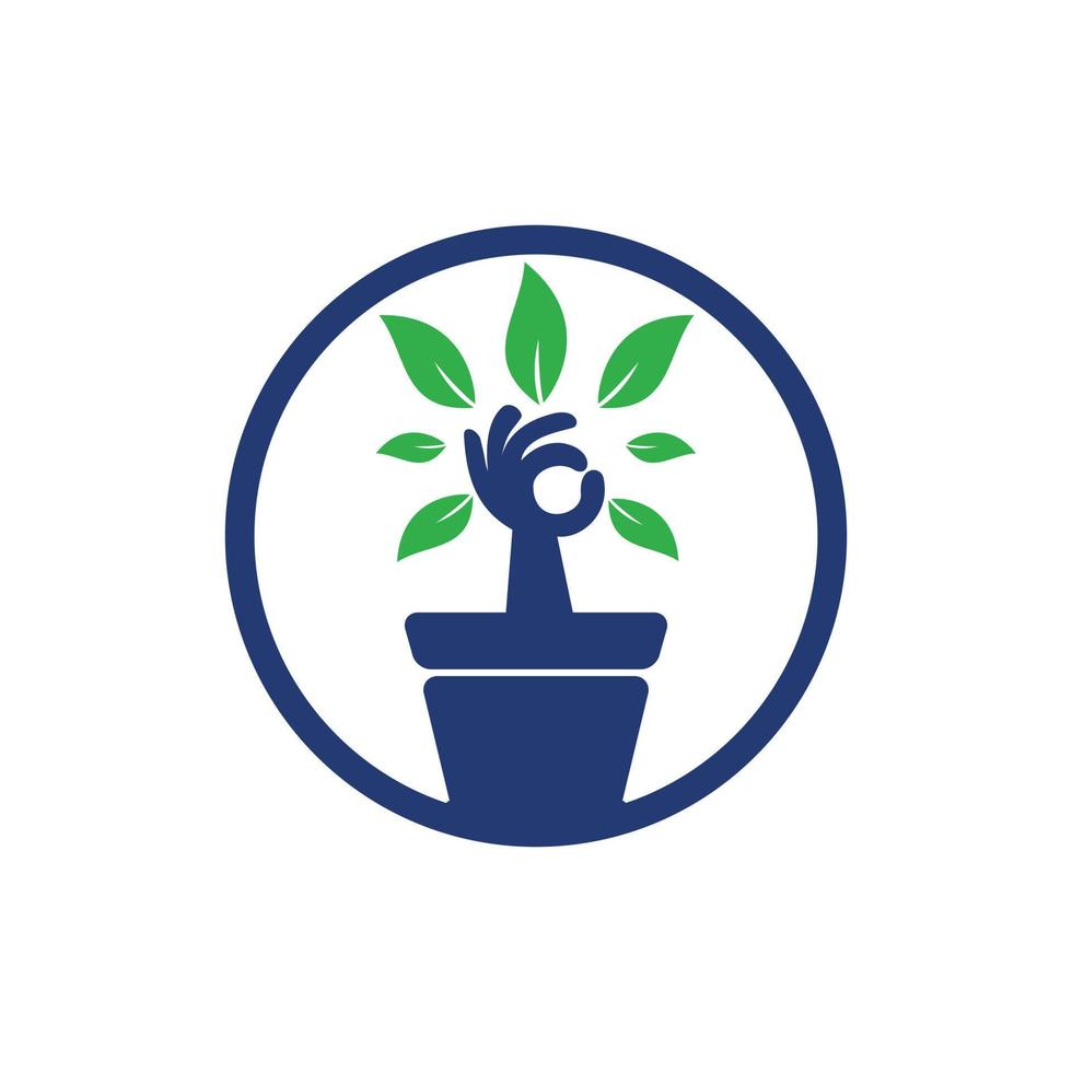 Ecological garden vector logo design. Hand tree with flower pot icon design.