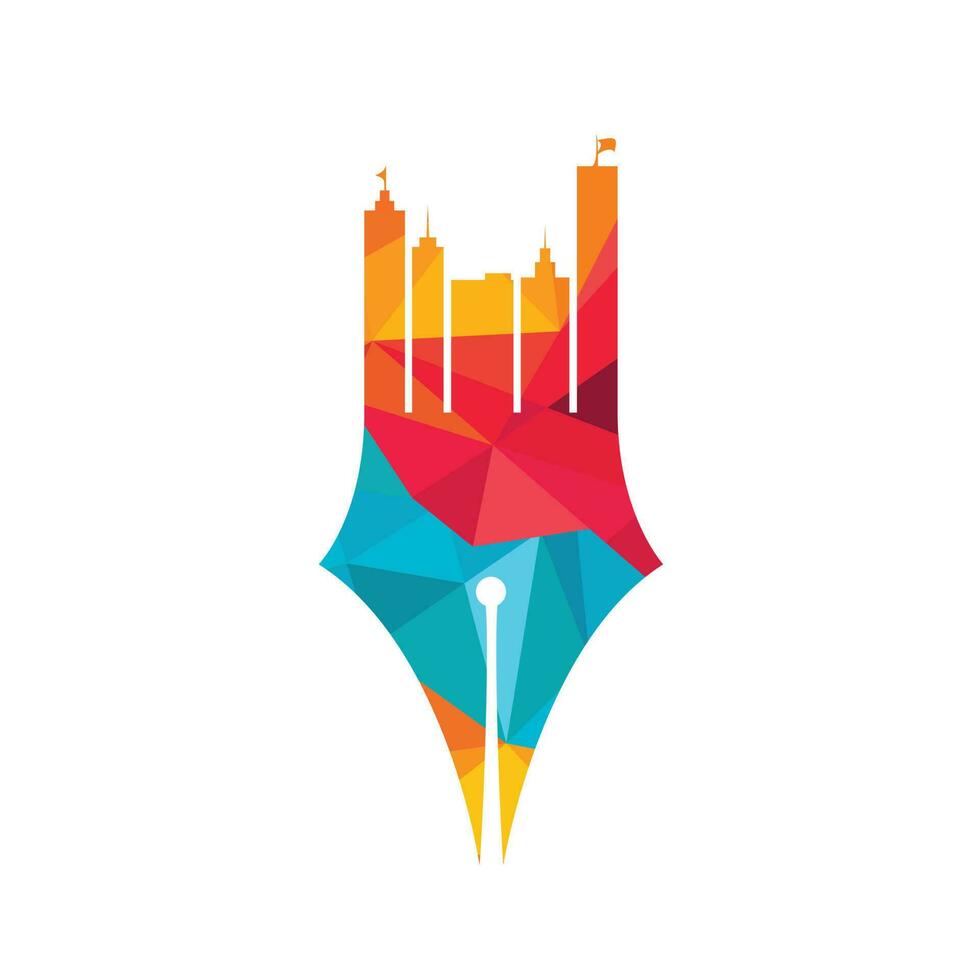 concepto creativo con diseño de logotipo de pluma y horizonte de la ciudad. símbolo de construcción de edificios comerciales. vector