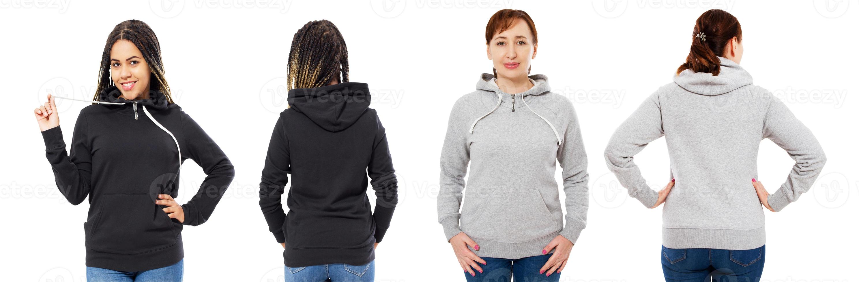 stylish afro american girl in black hoodie mock up, beautiful woman in grey hood set front and back view, sweatshirt isolated mockup photo