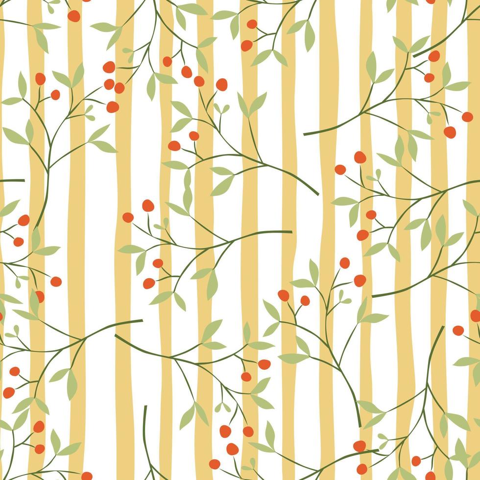 Hand drawn berry elements with leaves seamless pattern. Doodle botanical plants wallpape. vector