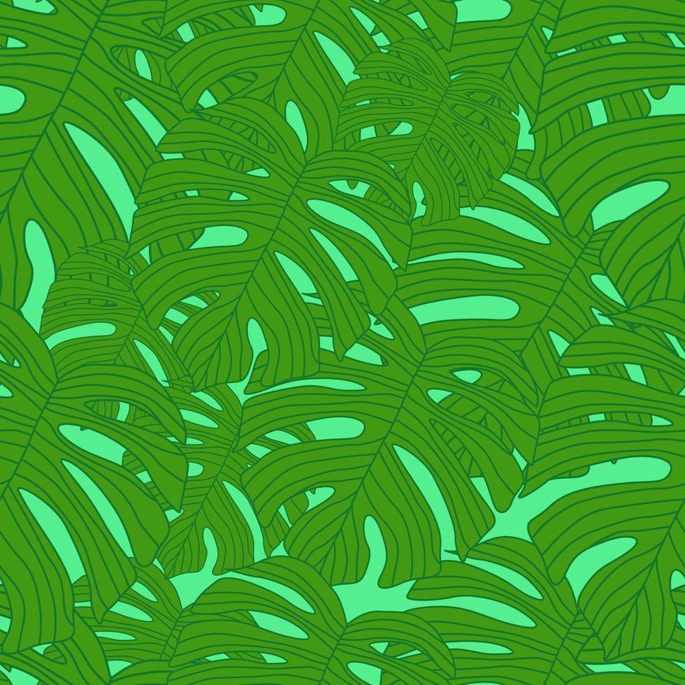 Contoured outline monstera silhouettes seamless pattern. Palm leaves endless background. Botanical wallpaper. vector