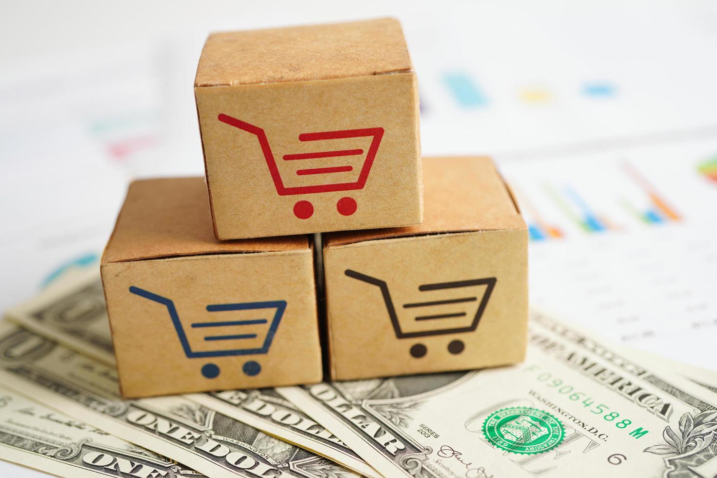 Online shopping, Shopping cart box with money, import export, finance commerce. photo