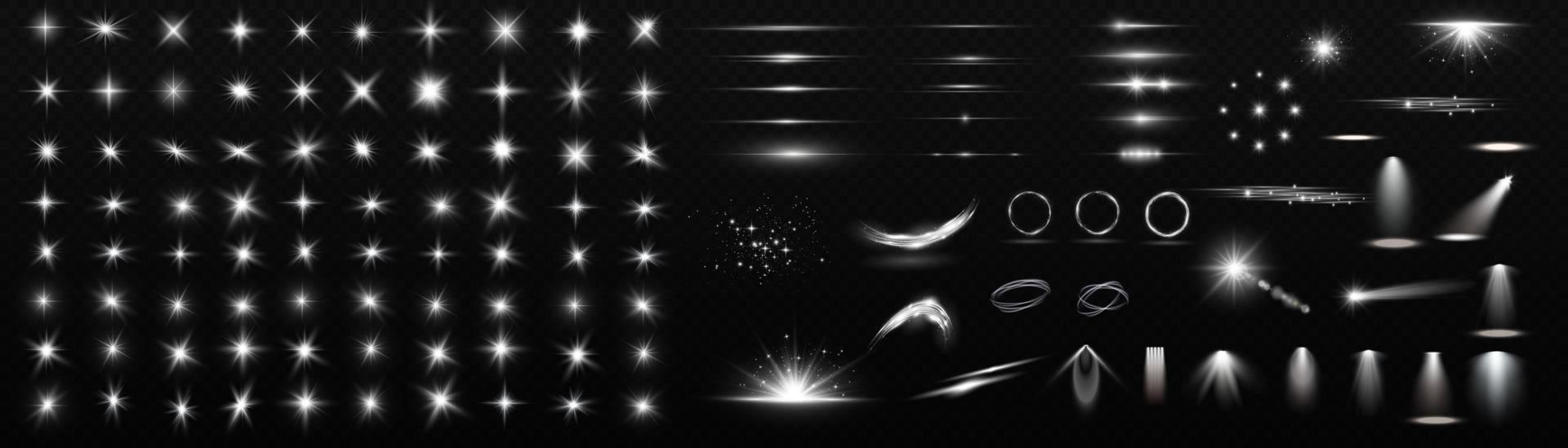 Light effect set. Glow isolated white light effect set, lens flare, explosion, glitter, dust, line, sun flash, spark and stars, spotlight, curve twirl. Sunlight, abstract special effect. vector