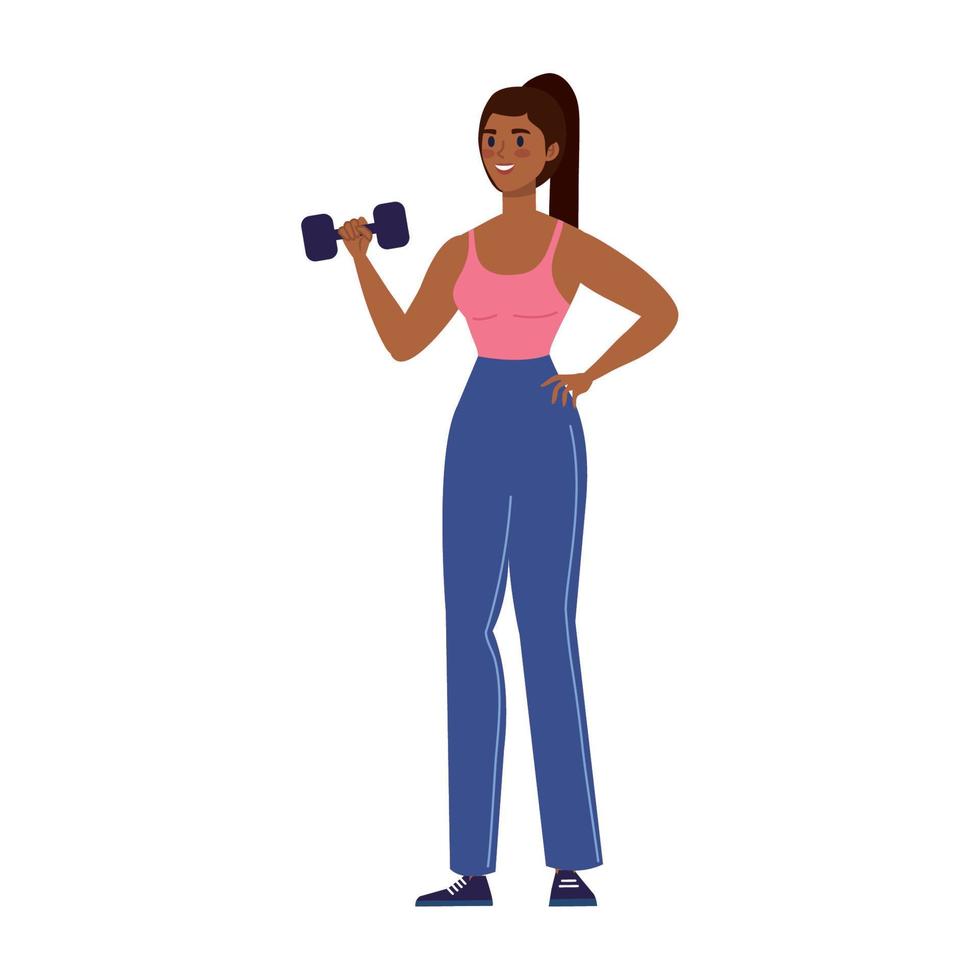 afro woman lifting dumbbell vector